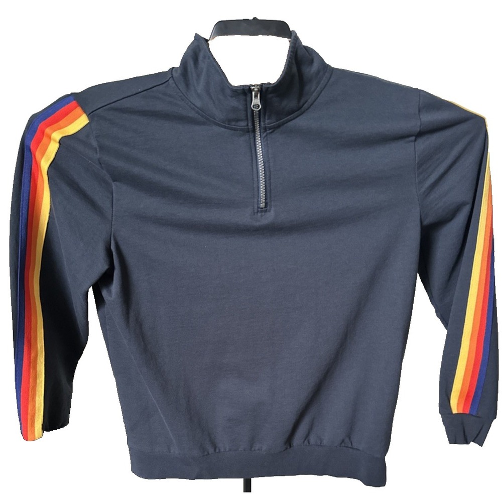 Aldi Store Brand Blue 3/4 Zip Pullover Colorful Arm Stripes Men's Size Large